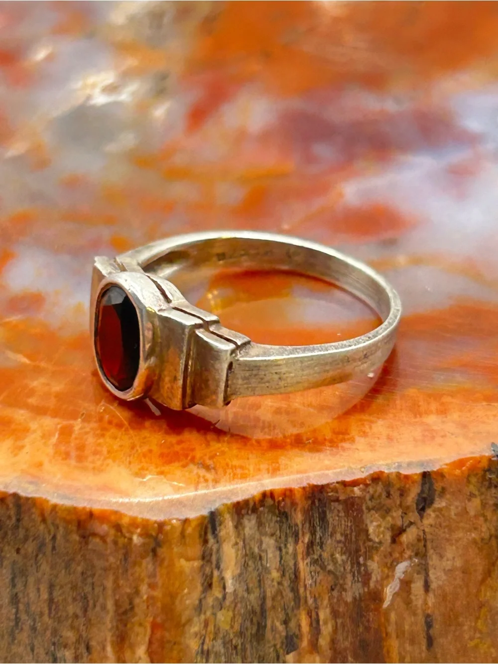 Minimalist Art Deco Style Garnet Ring, Sterling Silver - Size 8